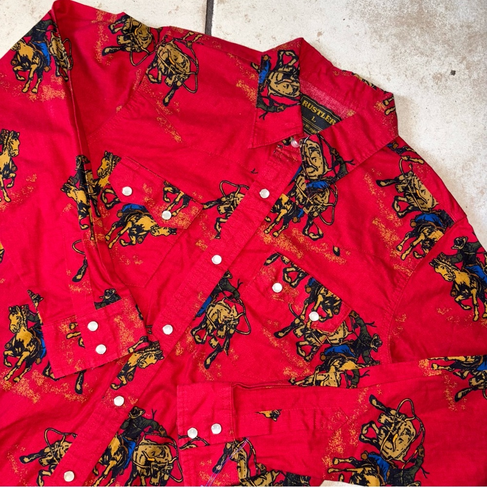Vintage Rustler Wrangler Youth L Cowboy Shirt Red Rodeo Western Pearl Snap